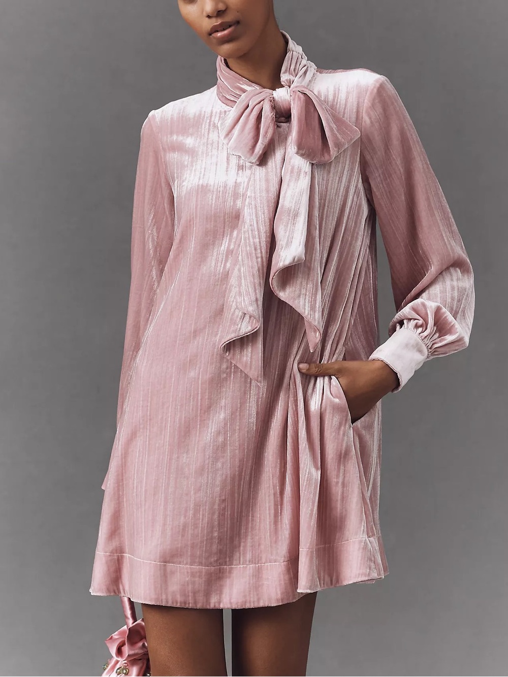 Anthropologie MAEVE Caroline Tie Neck Pink Velvet Dress NEW